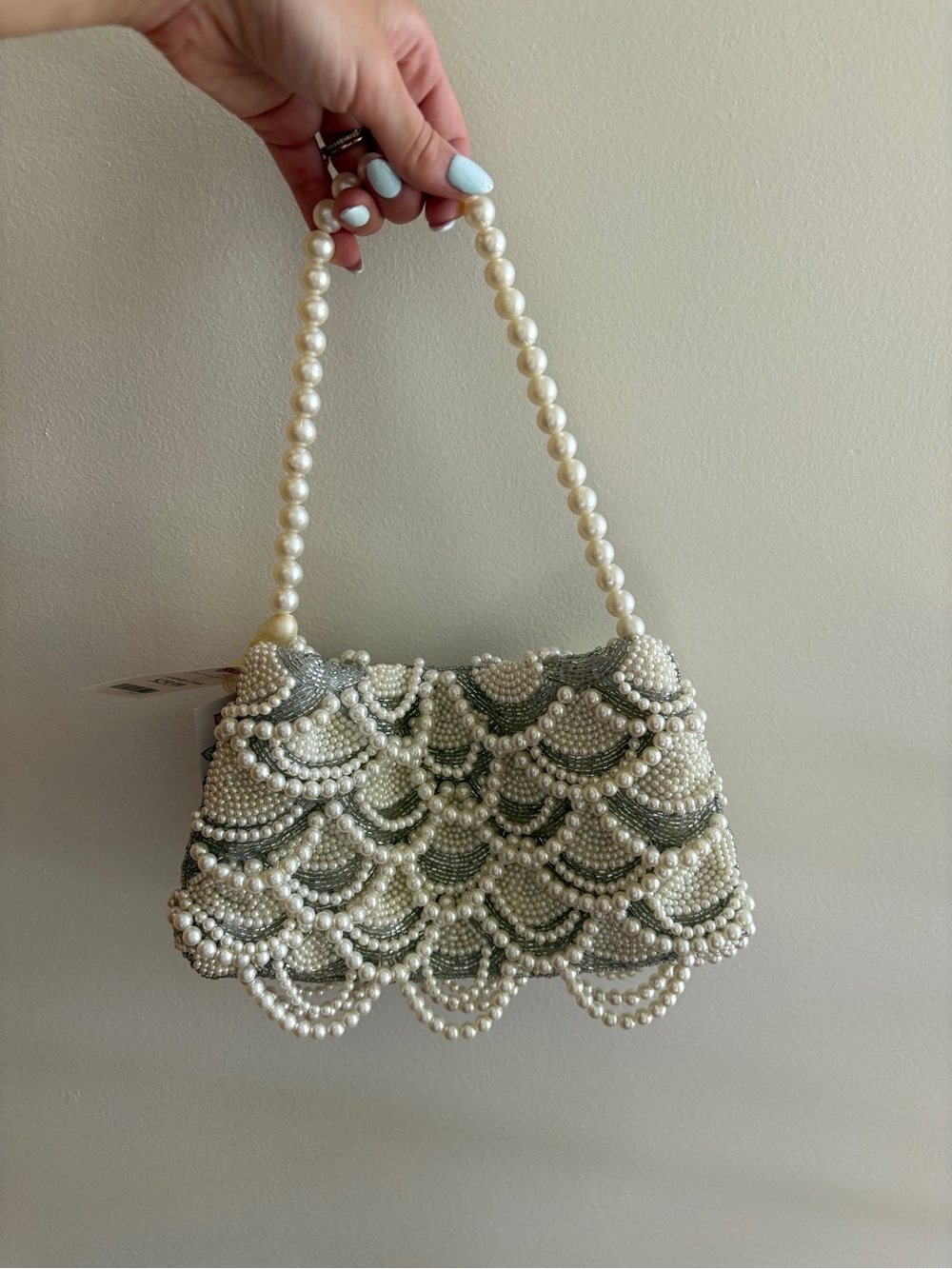 Pearl Beaded Shoulder Bag - Cream and Silver
